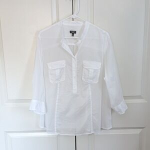 Talbots White Cotton 3/4 Sleeve Sheer Blouse Woman Petites 20WP Split Neck